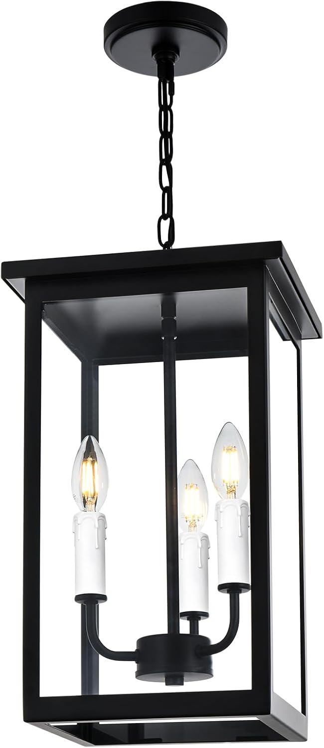 3 Lights Indoor Pendant Light White Outdoor Chandelier Exterior Hanging Fixture Ceiling Mount with Clear Glass Shade Hanging Lantern Light Adjustable Pendant Light for Outdoor Hallway