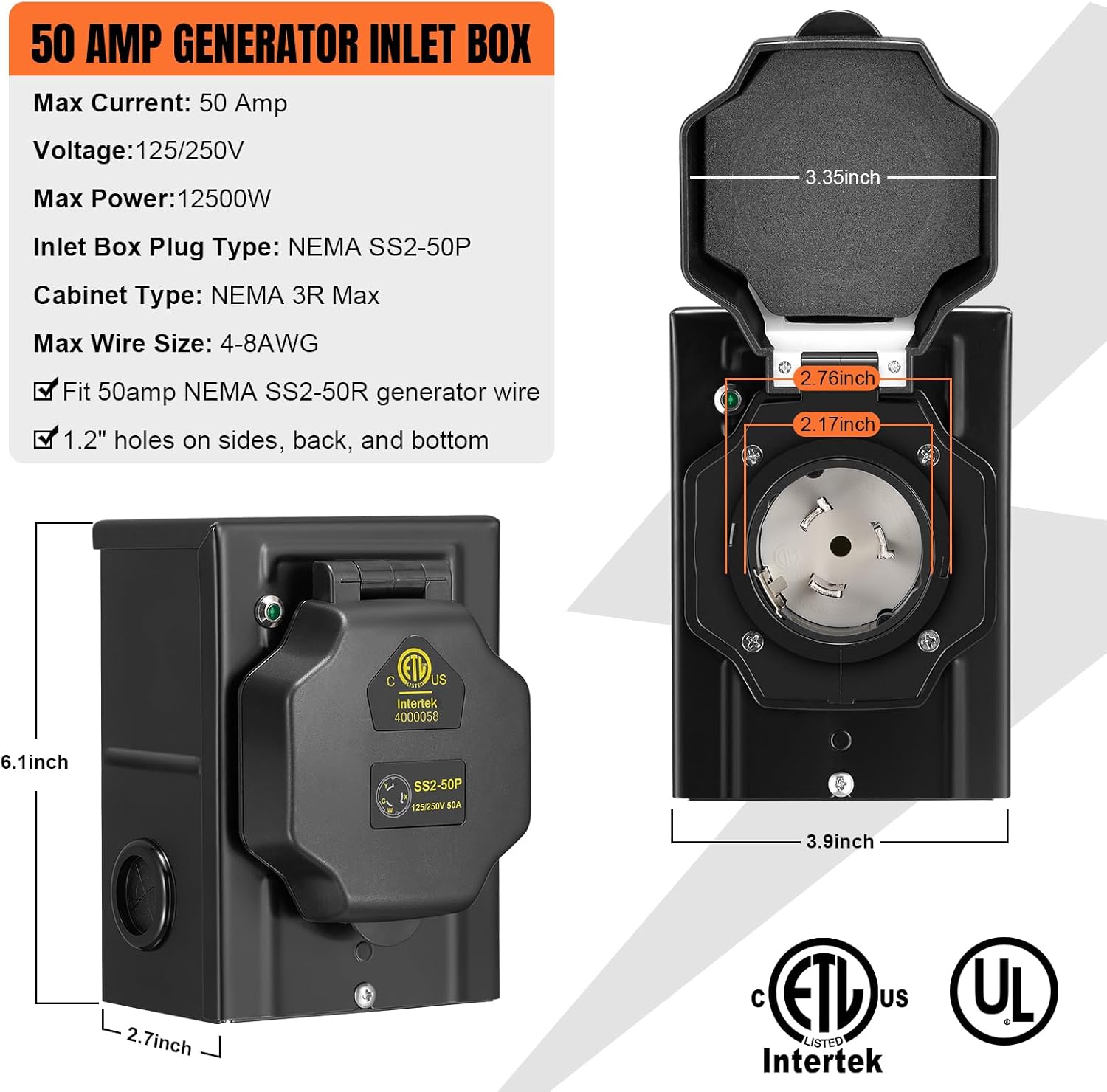 50FT 50 Amp Generator Cord with Pre-Drilled Power Inlet Box,Heavy Duty Generator Power Cord 4 Prong,125/250V,NEMA 14-50P Male to SS2-50R & CS6364,Waterproof,ETL Listed,Home/RV Power Supply