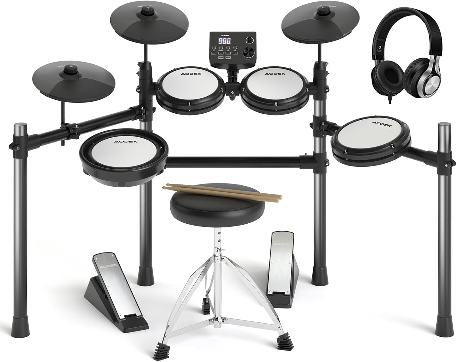 AODSK Electric Drum Set with Quiet Mesh Pads,Electronic Drum for Beginner,USB MIDI,Throne,Headphones,Sticks, Included 15 Kits and 195 Sounds (AED-403-Teenagers Beginners)