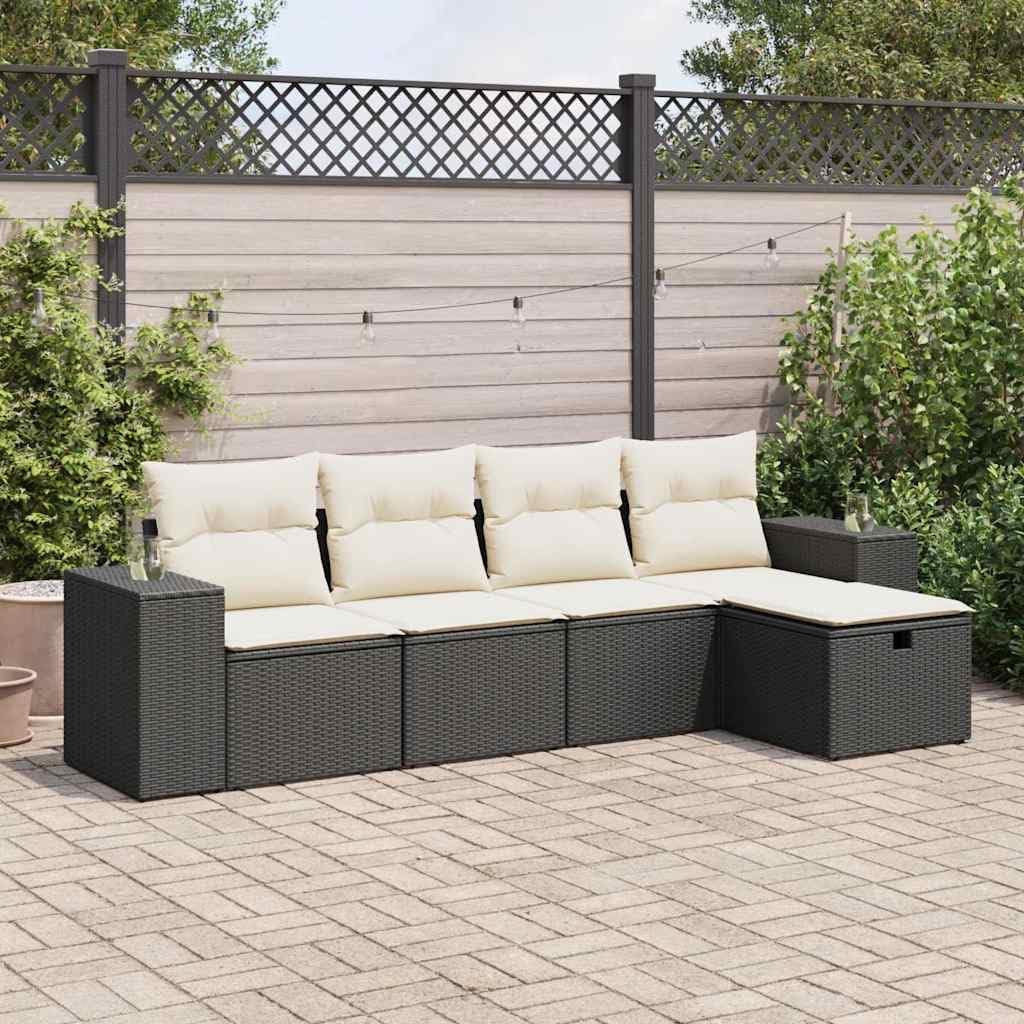 5-Piece Garden Sofa Set, Black PE Rattan, Powder-Coated Steel Frame, Modular Outdoor Patio Furniture for 5 People, Weather-Resistant Balcony Seating, Easy Assembly