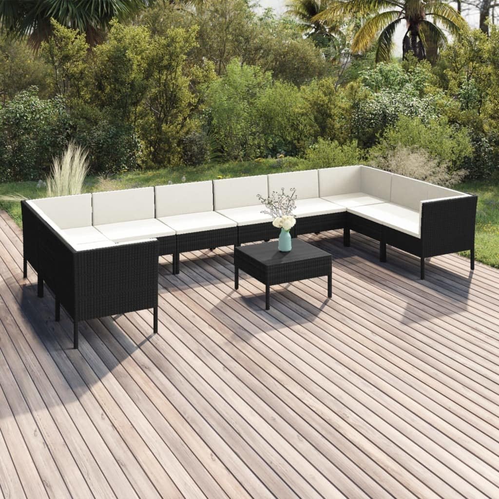 11-Piece Garden Lounge Set Black PE Rattan, Powder-Coated Steel, Polyester Cushions, Modular Outdoor Patio Furniture Set for Balcony
