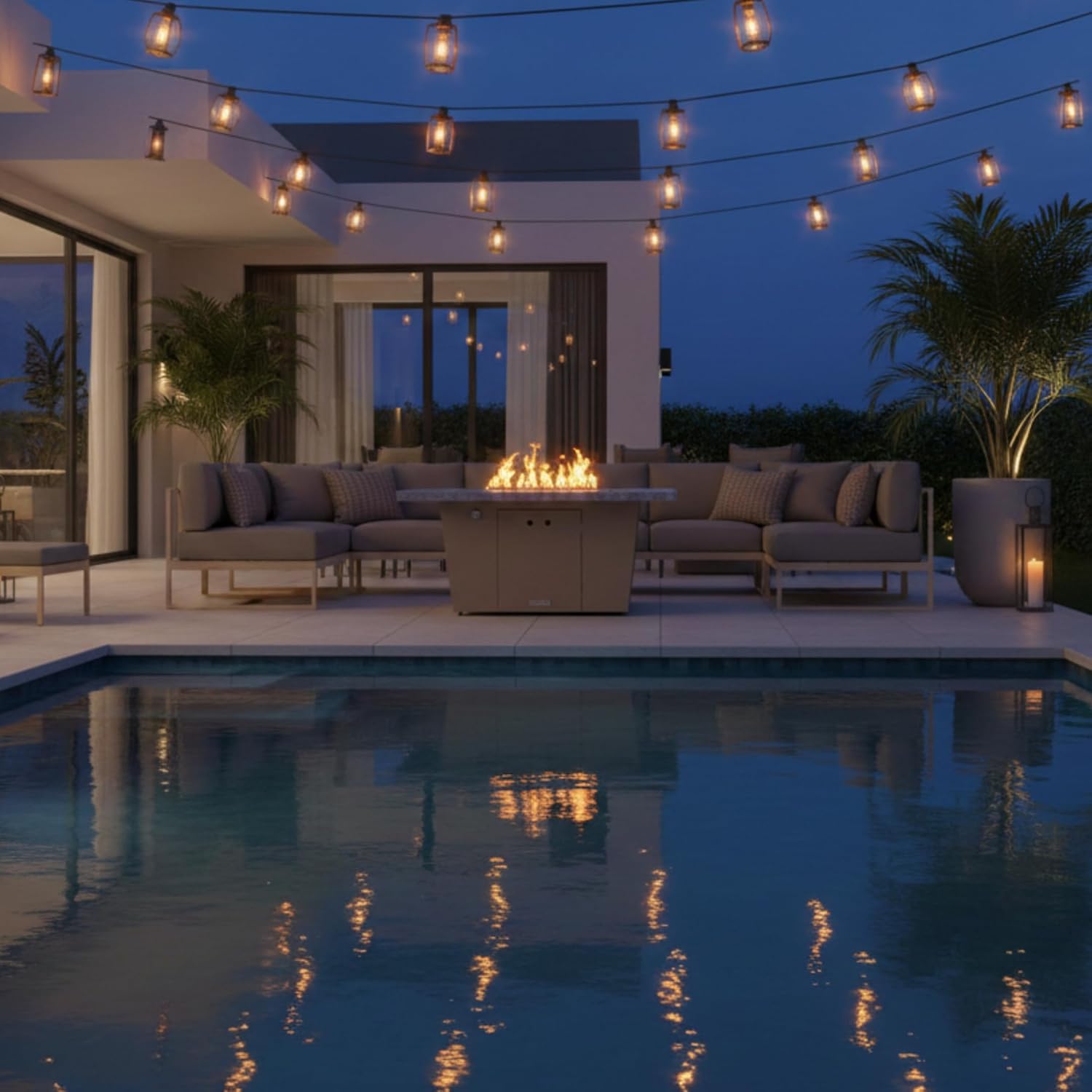 COOKE Palisades Rectangular Fire Pit Table - 52x36 - Chat Height - Natural Gas - Brushed Aluminum Top with 3cm Edge - Beige Powdercoat Base