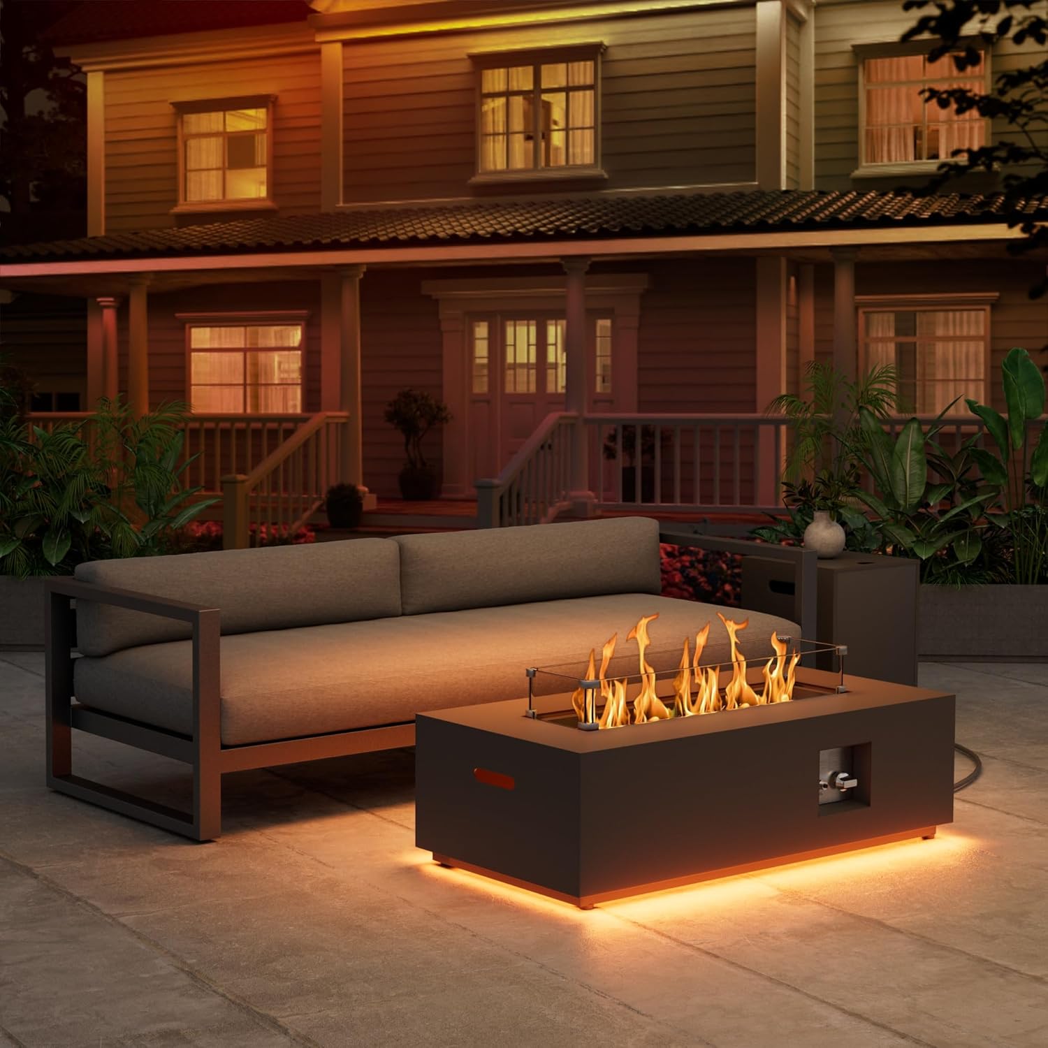 Dineli 2-Piece Outdoor Propane Fire Pit Table Set w Tank Table 42'' Rectangular Firepit Gas Fire Pits for Outside Patio Table Fire Pit w LED, 50,000 BTU (Black, with Warmlight)