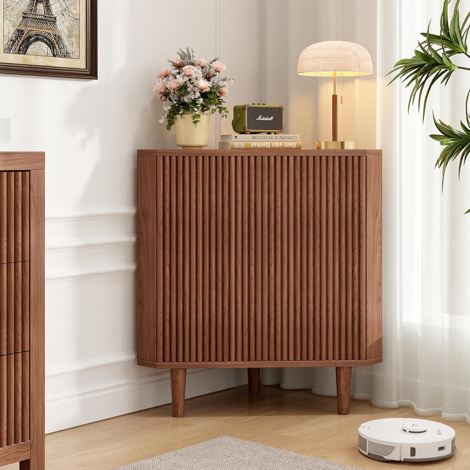 Fluted Floor Corner Kitchen Cabinet with Door, Wooden Freestanding Small Floor Cabinet Organizer, Side Storage Organizer for Living Room, Dining Room, Bathroom Walnut