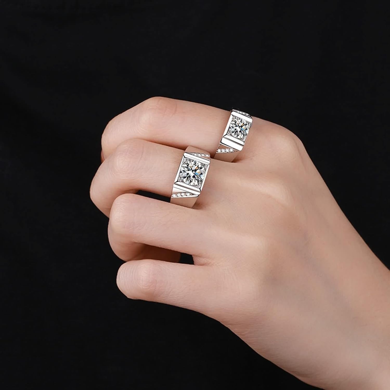 Mens Lab Created Diamond Wedding Ring, Fashion Rings 14K/18K White Gold Square Silver Trendy Jewelry Size 4-10