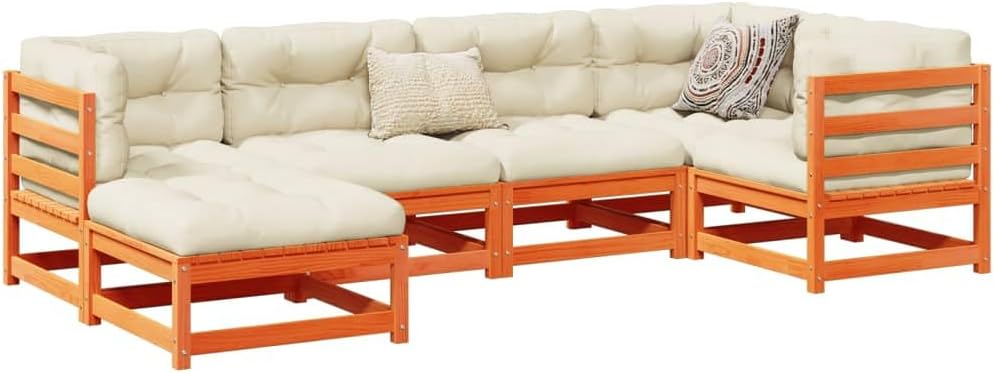 6 Piece Patio Sofa Set with Cushions Wax Brown Solid Wood Pine,Outdoor Sofa Furniture Set: Modular Garden Sofa for Patio, Terrace, and Backyard with Cushions Patio Furniture Sets