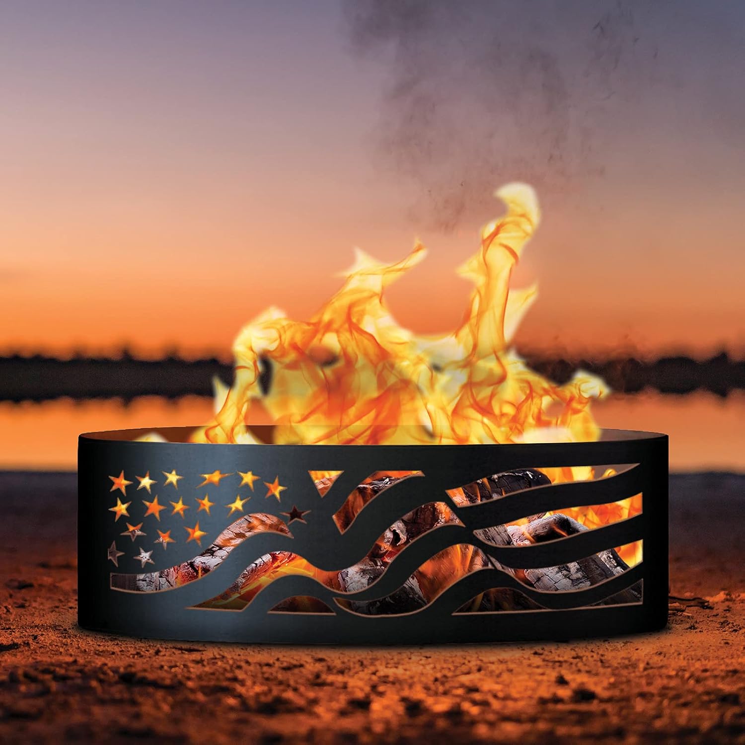 PD Metals AF01237-FP American Flag Unpainted 12 in. Tall 37 in. Diameter Outdoor Fire Ring with Fire Poker - 37 x 37 x 12 in. - Rustic Black Color