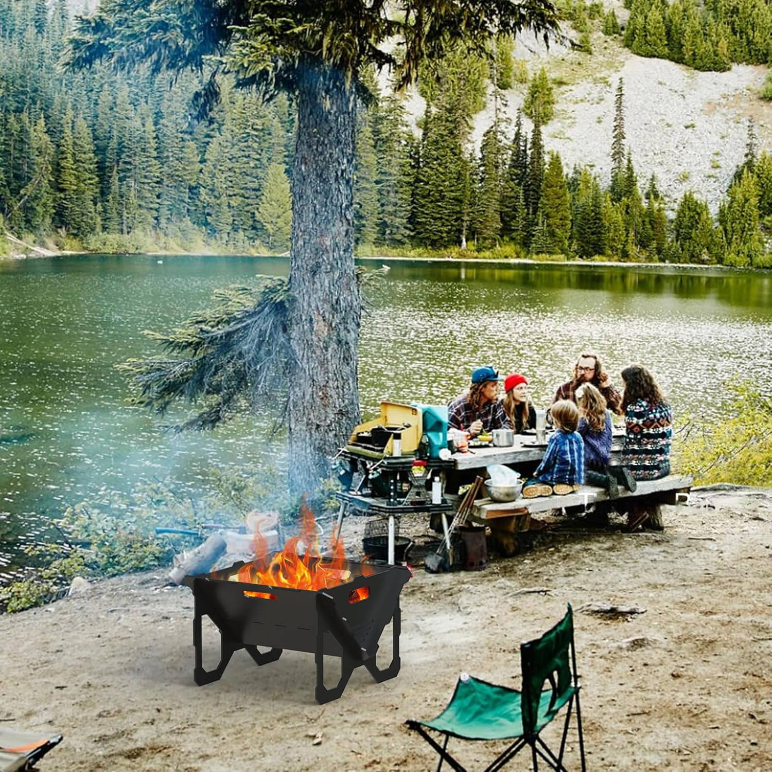 ACCPO Fire Pit 20 inch Outdoor Portable 2 in 1 Wood Burning Fire Pit Heavy Duty Steel Fire Pit for Patio & Backyard Bonfire BBQ Camping Grill Grate (Black)