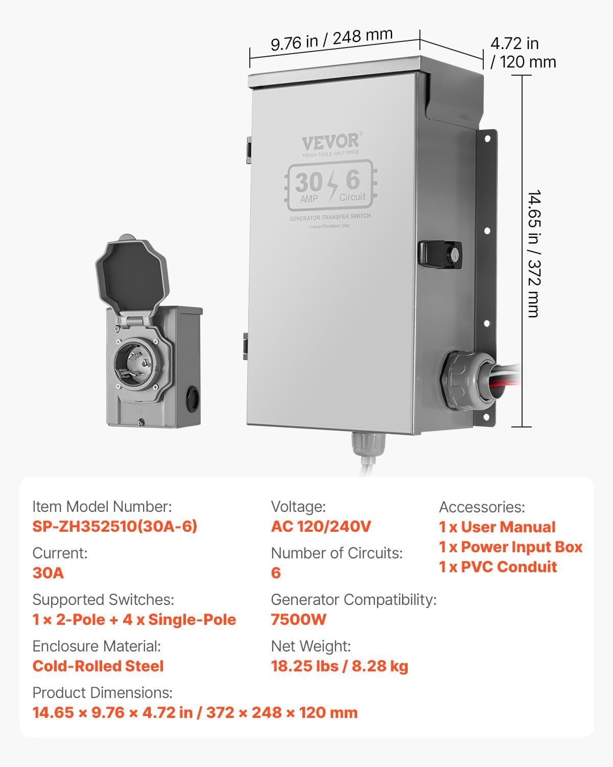 VEVOR Manual Transfer, 30-Amp 6-Circuit, Prewired Generator Transfer Kit with NEMA L14-30P Power Inlet Box, Double-Throw, NEMA 3R, Mechanical Watt Meter, for 7500W Generators