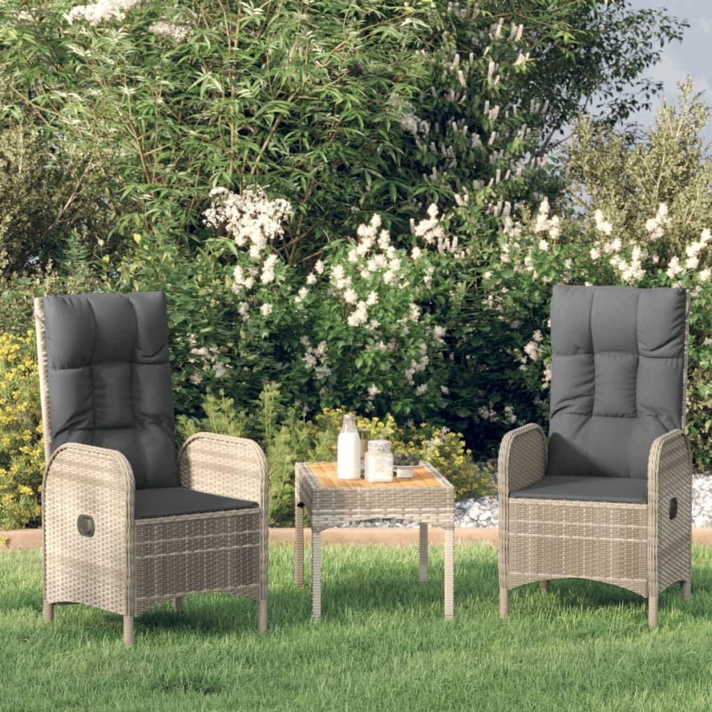 3 Piece Patio Lounge Set with Cushions Gray Poly Rattan,Patio Lounge Set with Reclining Chairs and Acacia Wood Table Top Patio Furniture Sets, Outdoor Furniture Sets