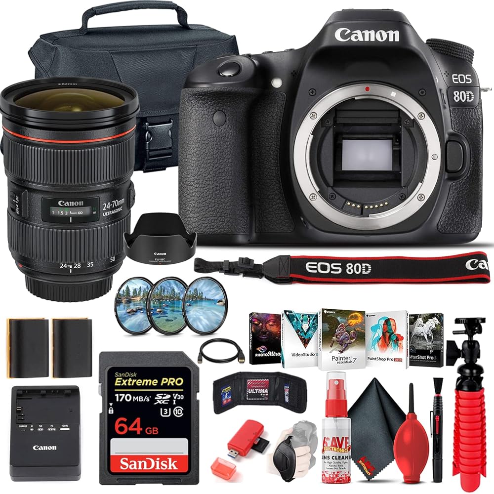 Canon EOS 80D DSLR Camera (Body Only) (1263C004) + Canon EF 24-70mm Lens + 64GB Memory Card + Case + Filter Kit + Corel Photo Software + LPE6 Battery + Card Reader + More (Renewed)