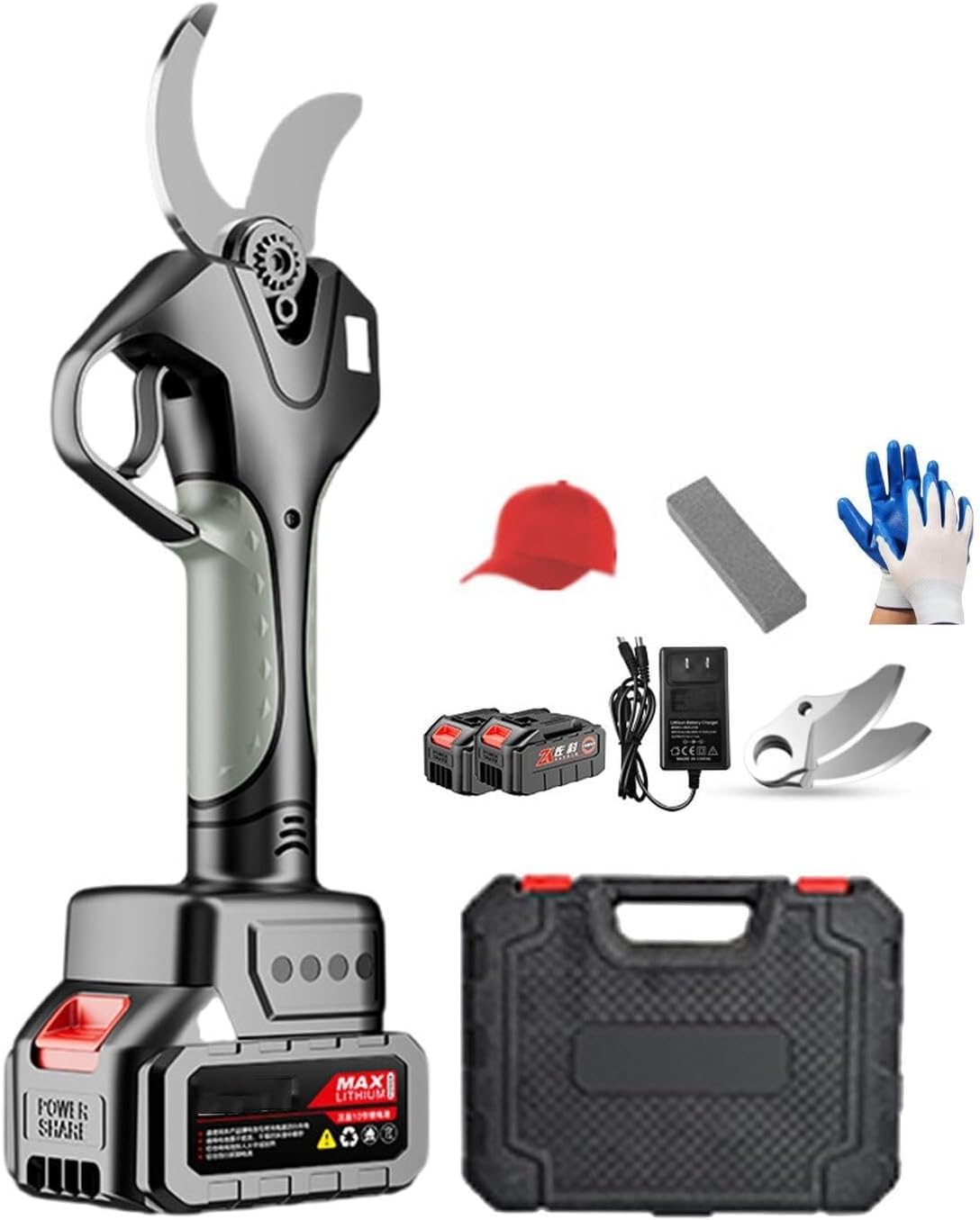 21V Electric Secateurs Pruning Scissors for Trees and Plants, 45mm Cutting Diameter, with 2 Batteries, Charger, Gloves, Sunhat, and Accessories