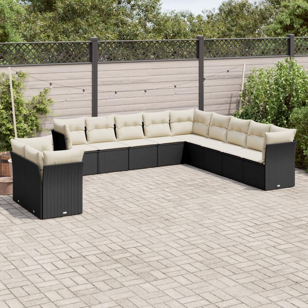 Black Garden Sofa Set with 11 Cream Cushions, Modular Outdoor Furniture for Patio, Weather-Resistant UV Protection and Integrated Storage Compartments