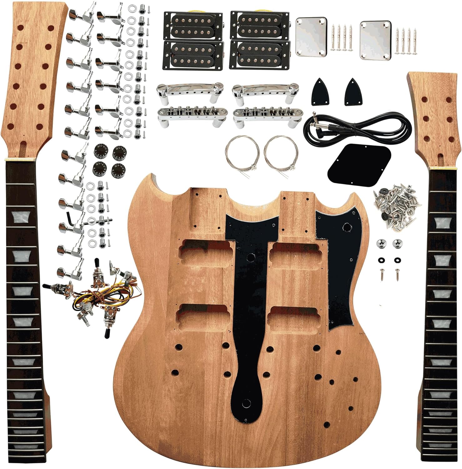 DIY Double Neck Guitarr Kits Beginner Kits 12 String Right Handed with Mahogany Body Mahogany Neck Rosewood Fingerboard Chrome Hardware Build Your Own Guitarr.