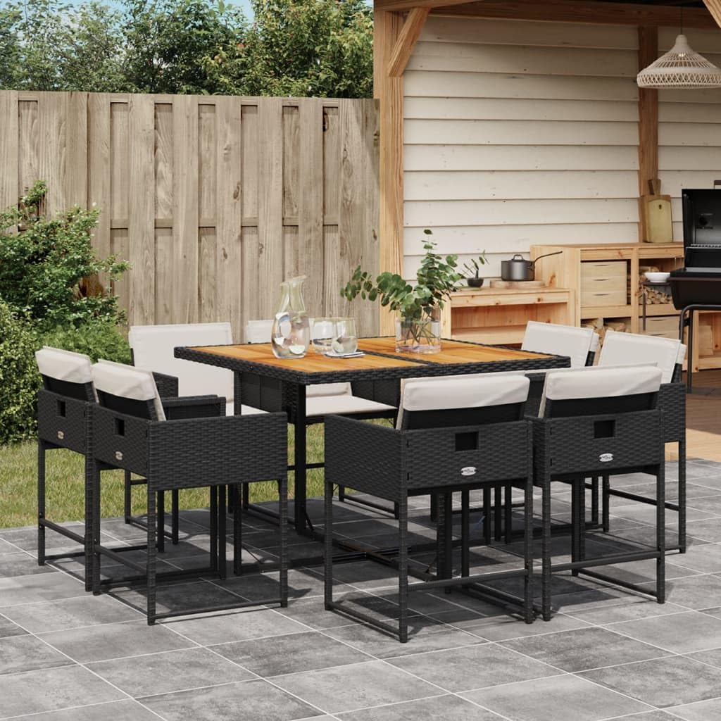 9 Piece Patio Dining Set with Cushions Black Poly Rattan Garden Furniture