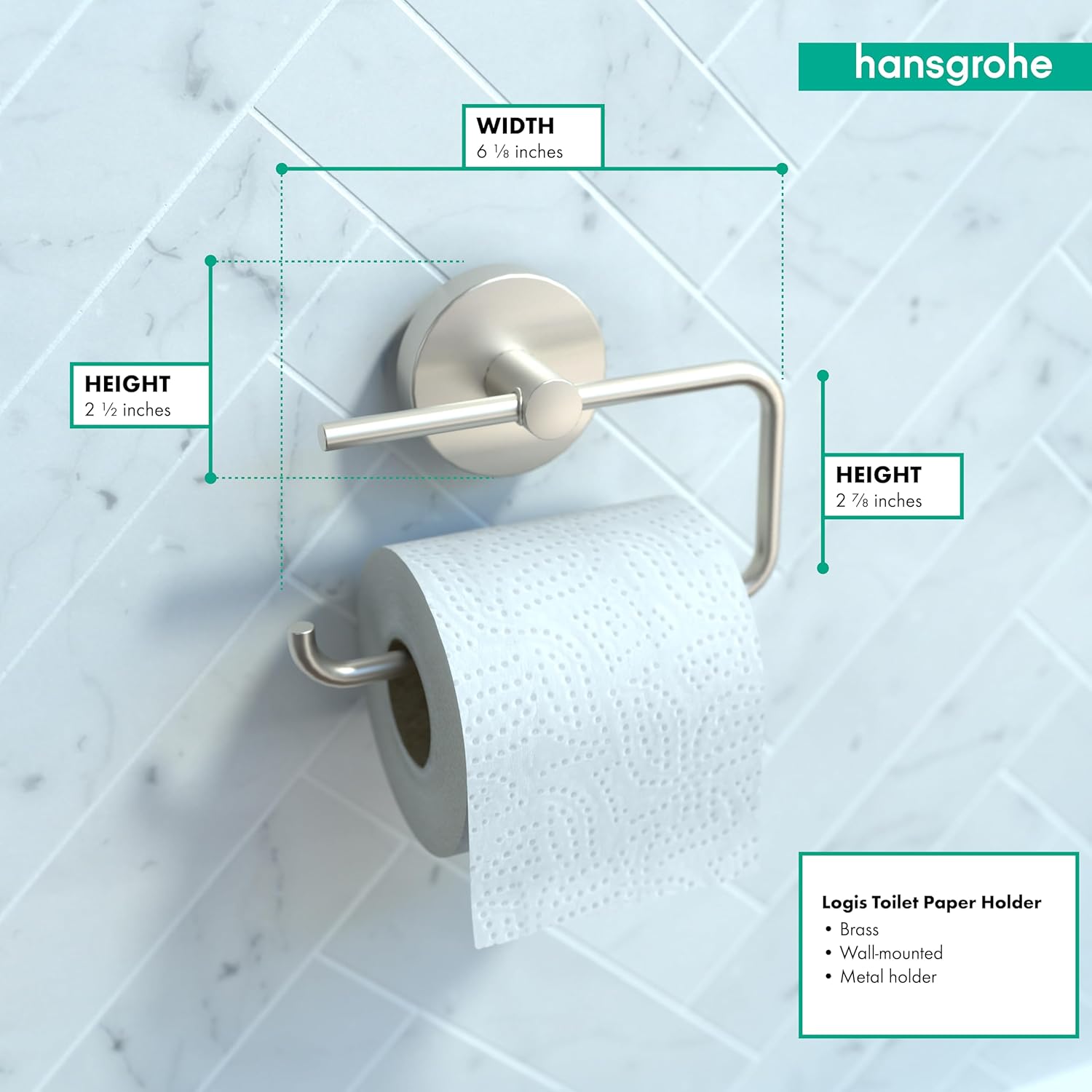 hansgrohe Toilet Paper Holder Easy Install 6-inch Modern Coordinating Accessories in Brushed Nickel, 40526820