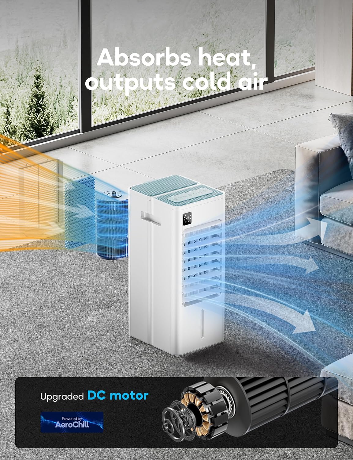 Portable Air Conditioner, Evaporative Air Cooler Windowless with Remote, 3 Speeds, 12H Timer, Oscillating Swamp Cooler for Bedroom, Living Room, White