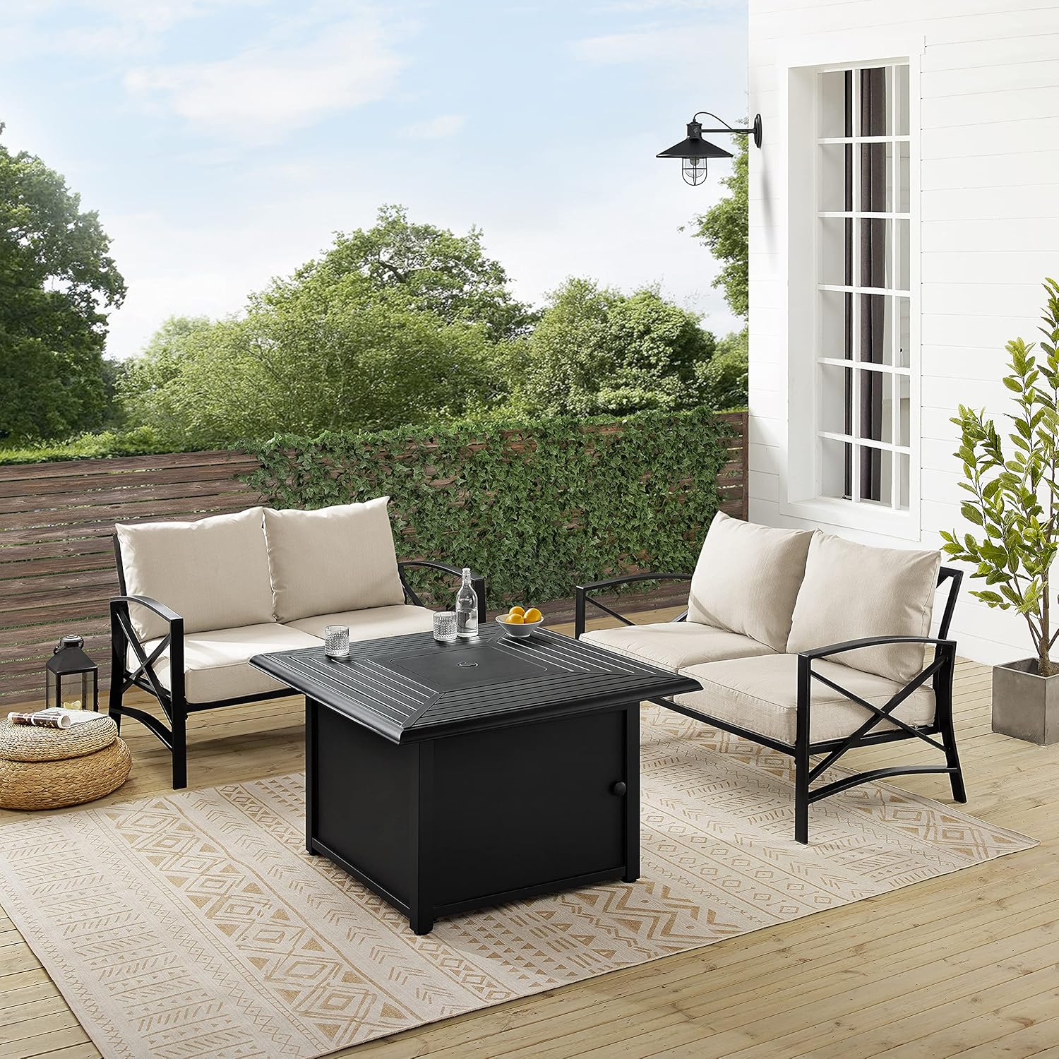 Crosley Furniture Kaplan 3-Piece Outdoor Loveseat Patio Furniture Set with Propane Gas Fire Pit Table, Oiled Bronze with Oatmeal Cushions