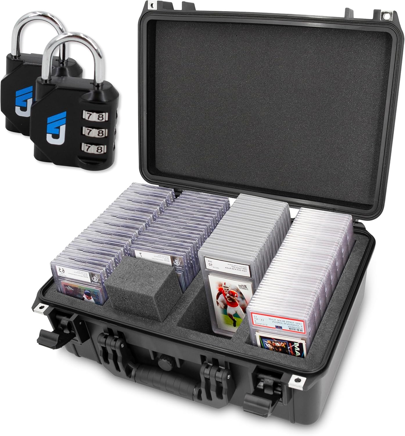 CASEMATIX Graded Card Storage Box For 130 BGS CSG PSA Graded Sports Trading Cards, IPX7 Waterproof Graded Card Case Holder Fits PSA Slab Case and Top Loaders With Card Dividers and Two Locks