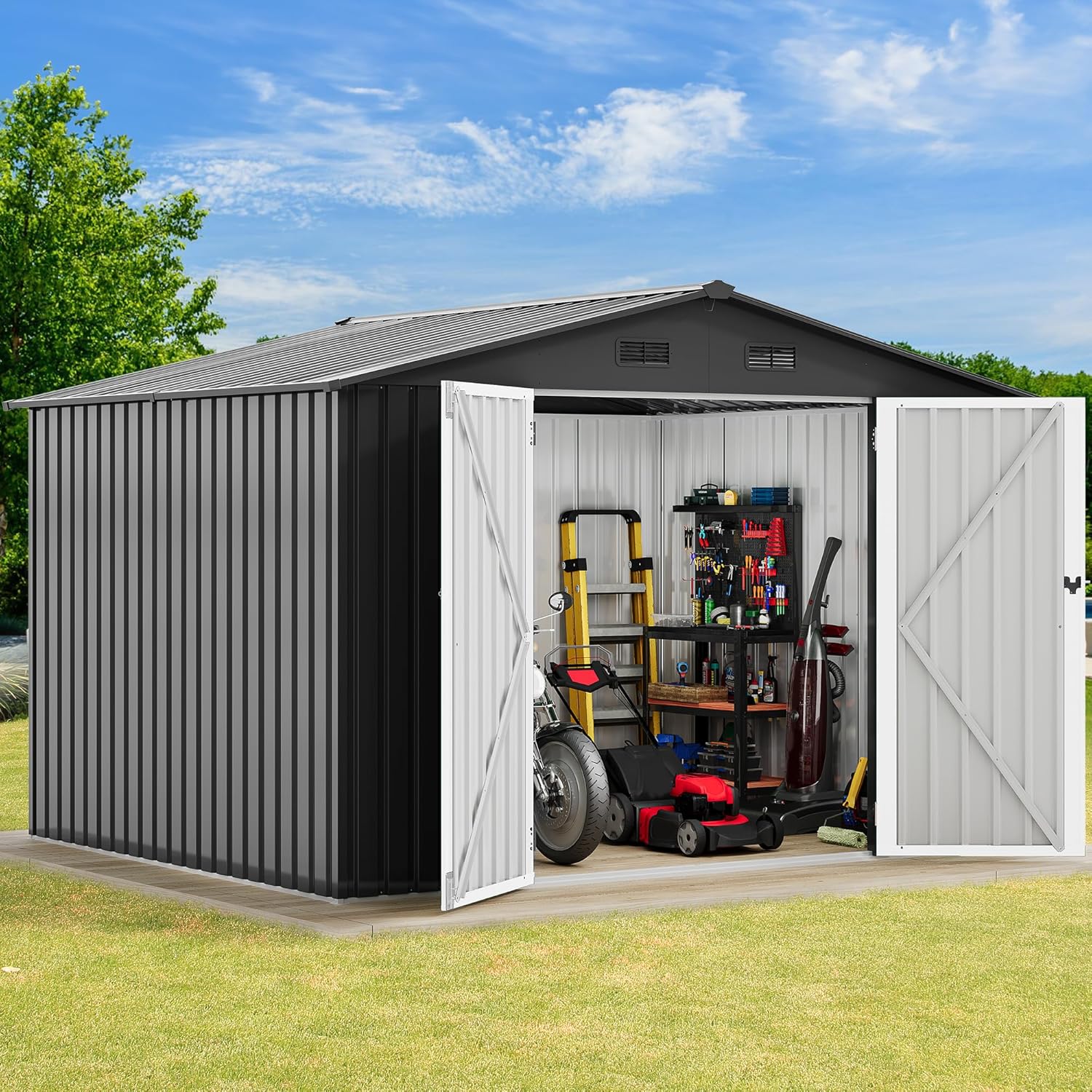 DWVO 8x6 FT Outdoor Storage Shed, Large Metal Tool Sheds, Heavy Duty Storage House with Lockable Doors & Air Vent for Backyard Patio Lawn to Store Bikes, Tools, Lawnmowers, Gray