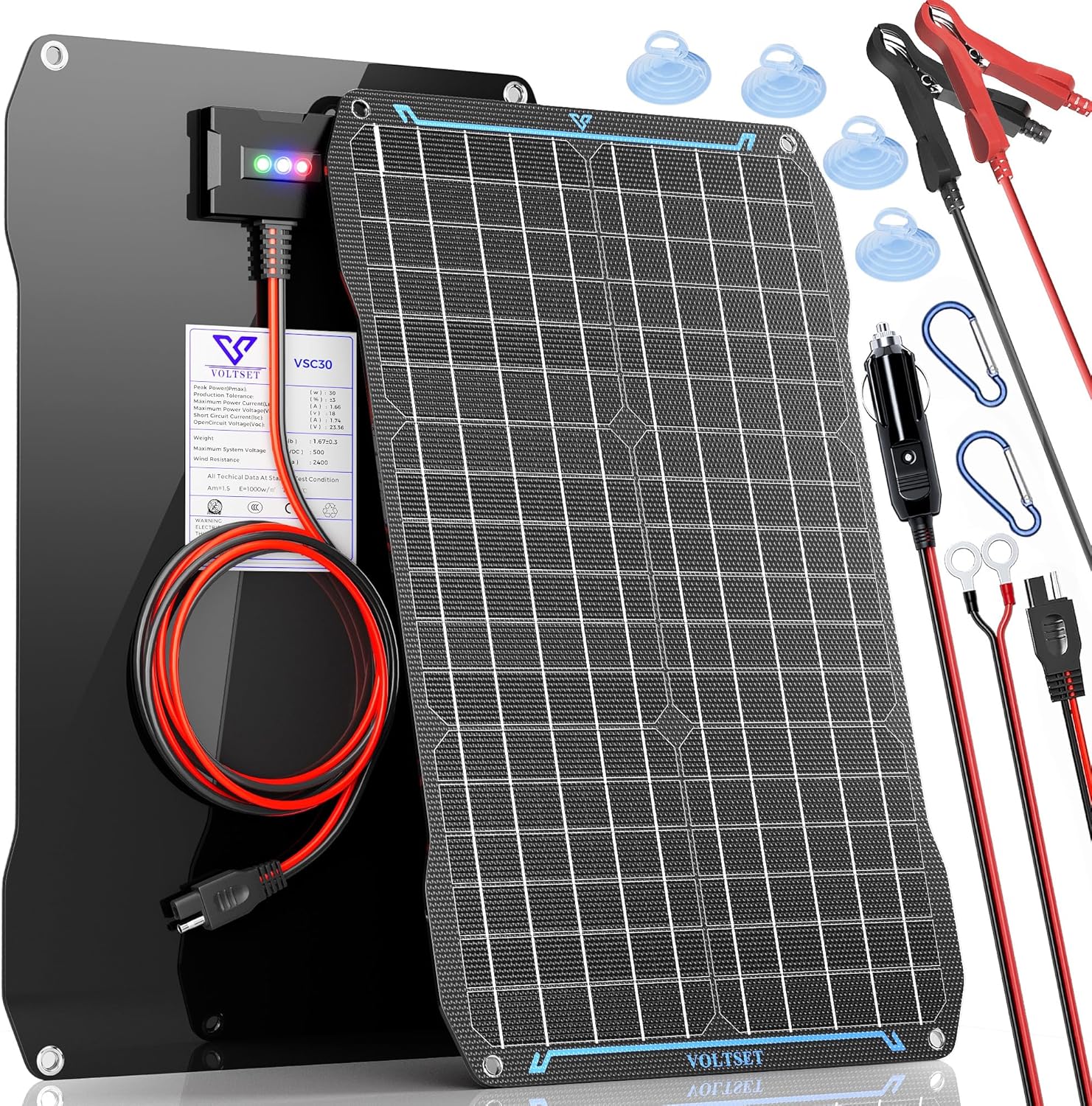 Voltset 30W 12V Solar Panel Kit Portable Solar Battery Charger Maintainer Waterproof Trickle Charger for Car Battery Boat Motorcycle RV