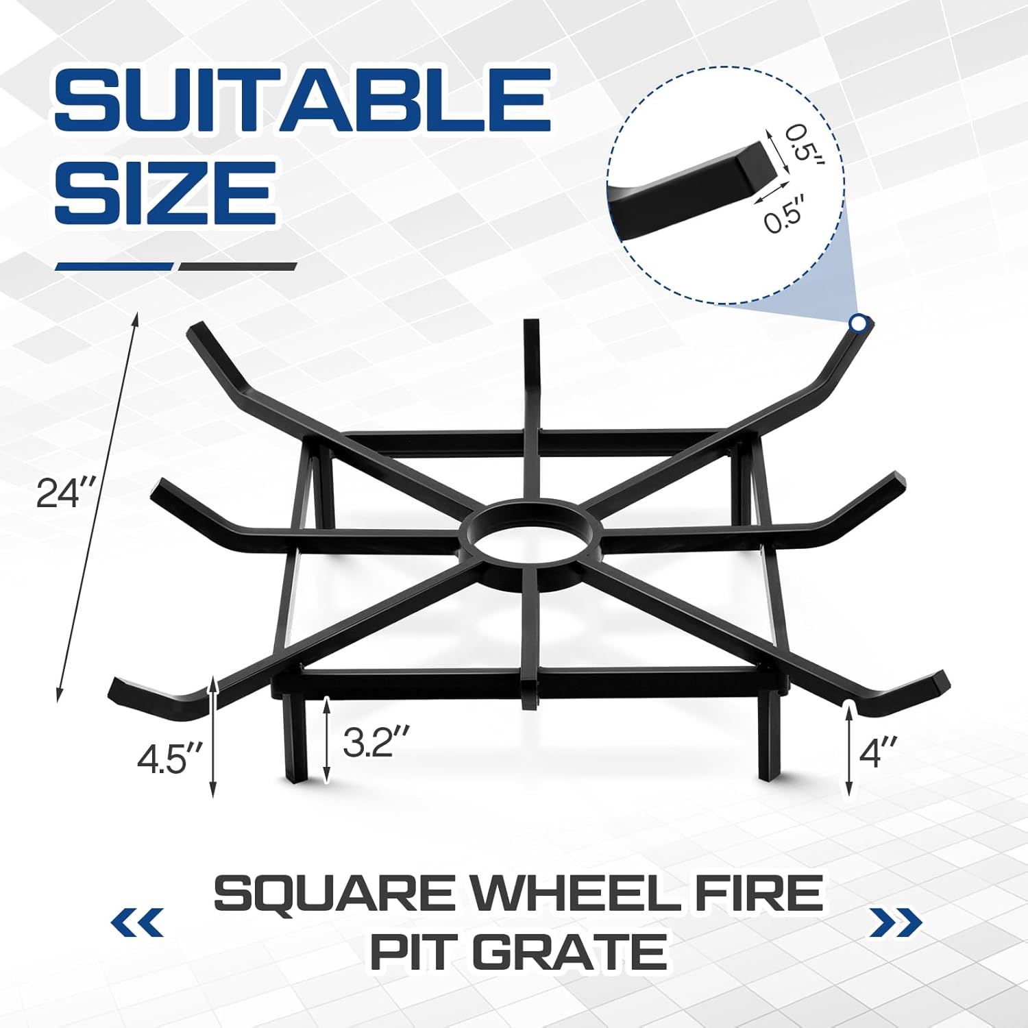 24 x 24 Inch Square Wheel Fire Pit Grate, Heavy Duty Fireplace Grate for Outdoor Wood Burning, Fire Pits, Fireplace Hearth & Campfire, Metal Log Rack Holder