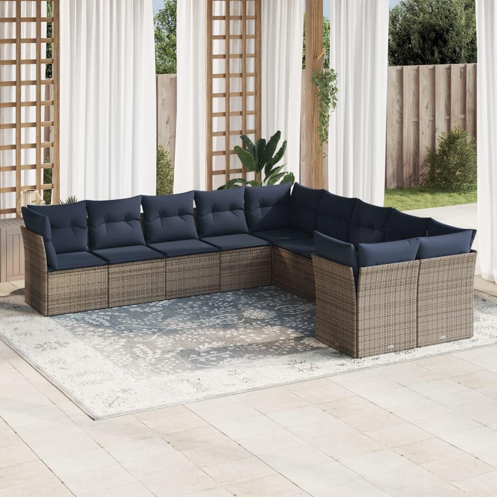 10 Piece Patio Sofa Set with Cushions, Gray Poly Rattan Outdoor Furniture Sectional, Modular Garden Conversation Set for Backyard Terrace