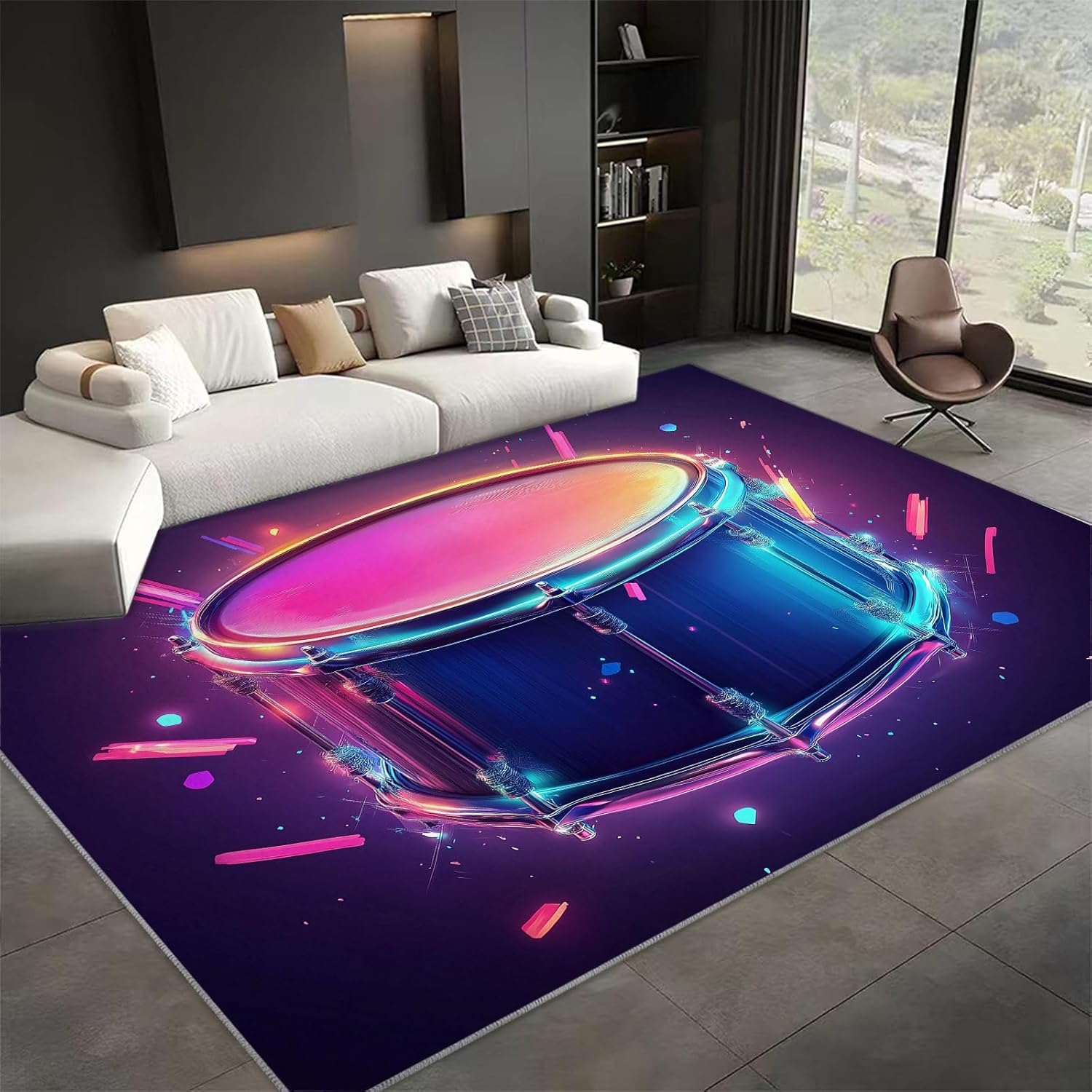 Machine Washable Area Rugs with Non-Slip Backing, Game Art Style Neon Drums Indoor Rug Low Pile Floor Carpet Music Drum for Dining Room Bedroom Dorm Office Home Decor 4x6 ft