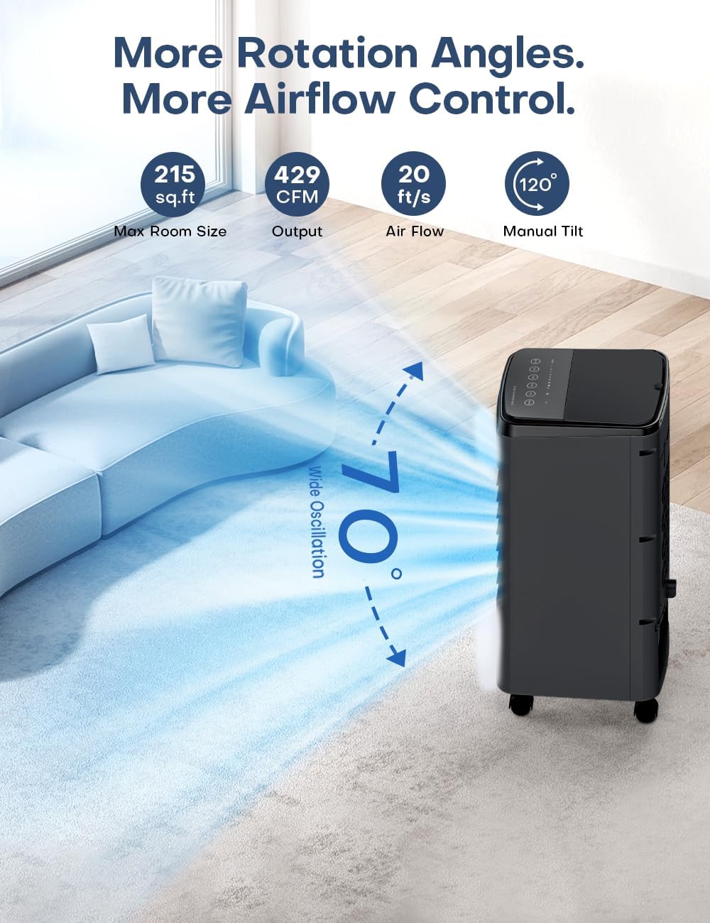 NOMEY Evaporative Air Cooler, 3-IN-1 Air Conditioner Portable for Room w/ 4 Modes & 3 Speed, 12H Timer, 1 Gal Detachable Water Tank, 4 Ice Packs, Remote, 70° Oscillation Air Cooler for Bedroom Indoor