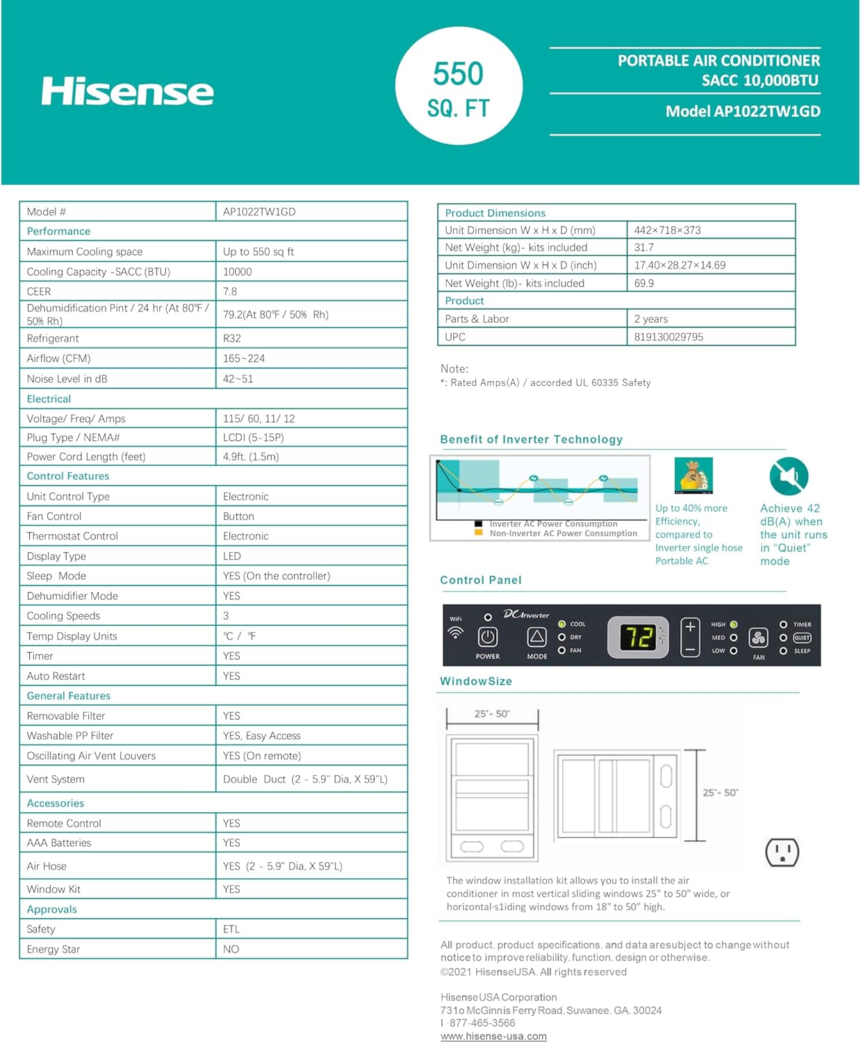 Hisense 10,000-BTU DOE Inverter 115V 550-sq ft Grey Wi-Fi Portable Air Conditioner w/ Remote (Renewed)