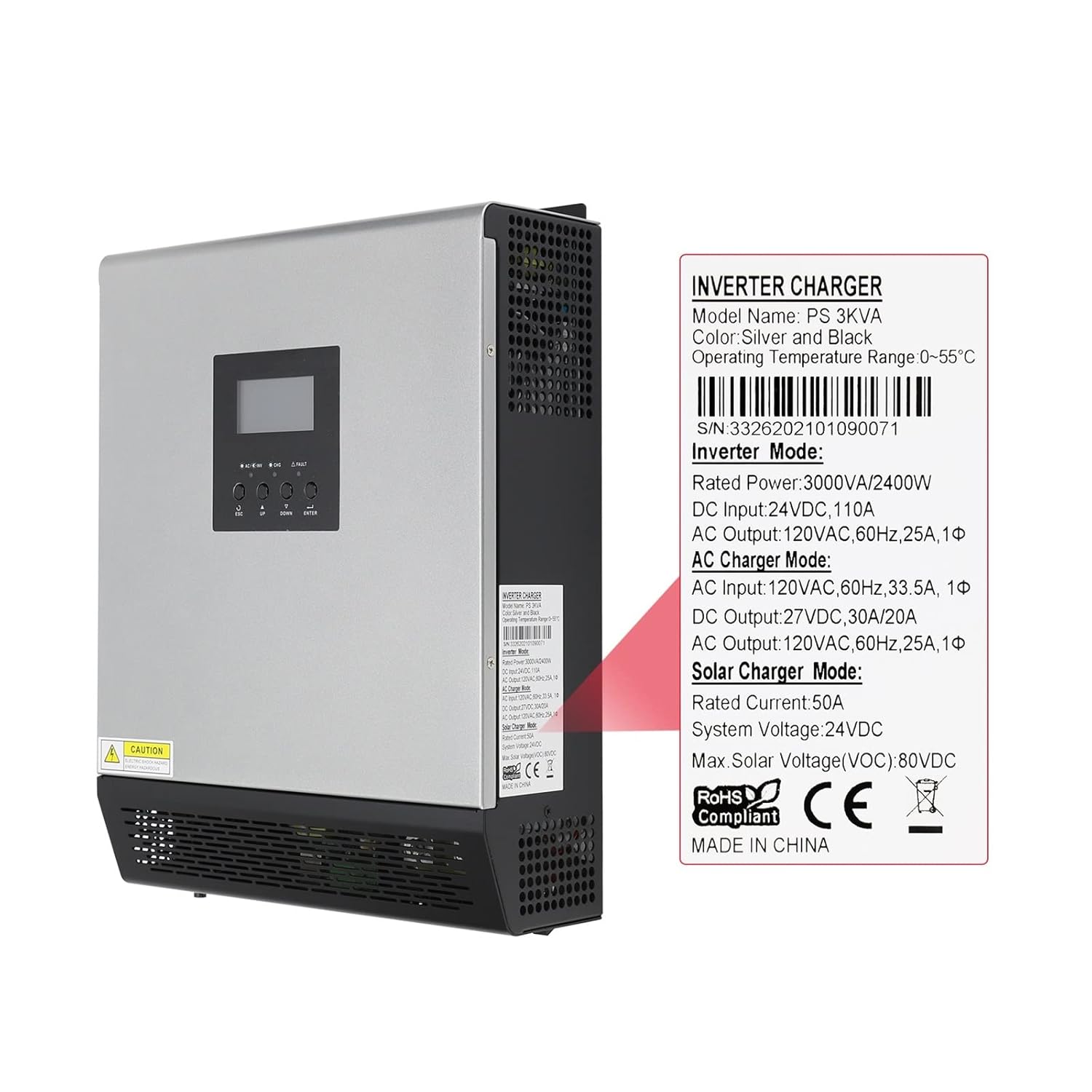 Solar Controller, 3KVA Pure Sine Wave Hybrid Solar Inverter 24V Built-in PWM 50A Solar Charge Controller and AC Charger for Home Use