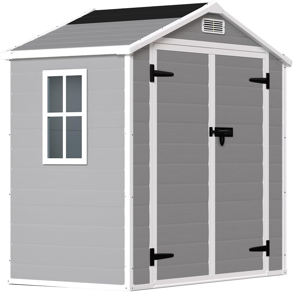 6' x 4.4' Resin Outdoor Storage Shed, Weatherproof Heavy-Duty Plastic Storage House with Floor, Large Lockable Storage Shed Outside Tool Storage for Garden, Backyard, Patio, Lawn