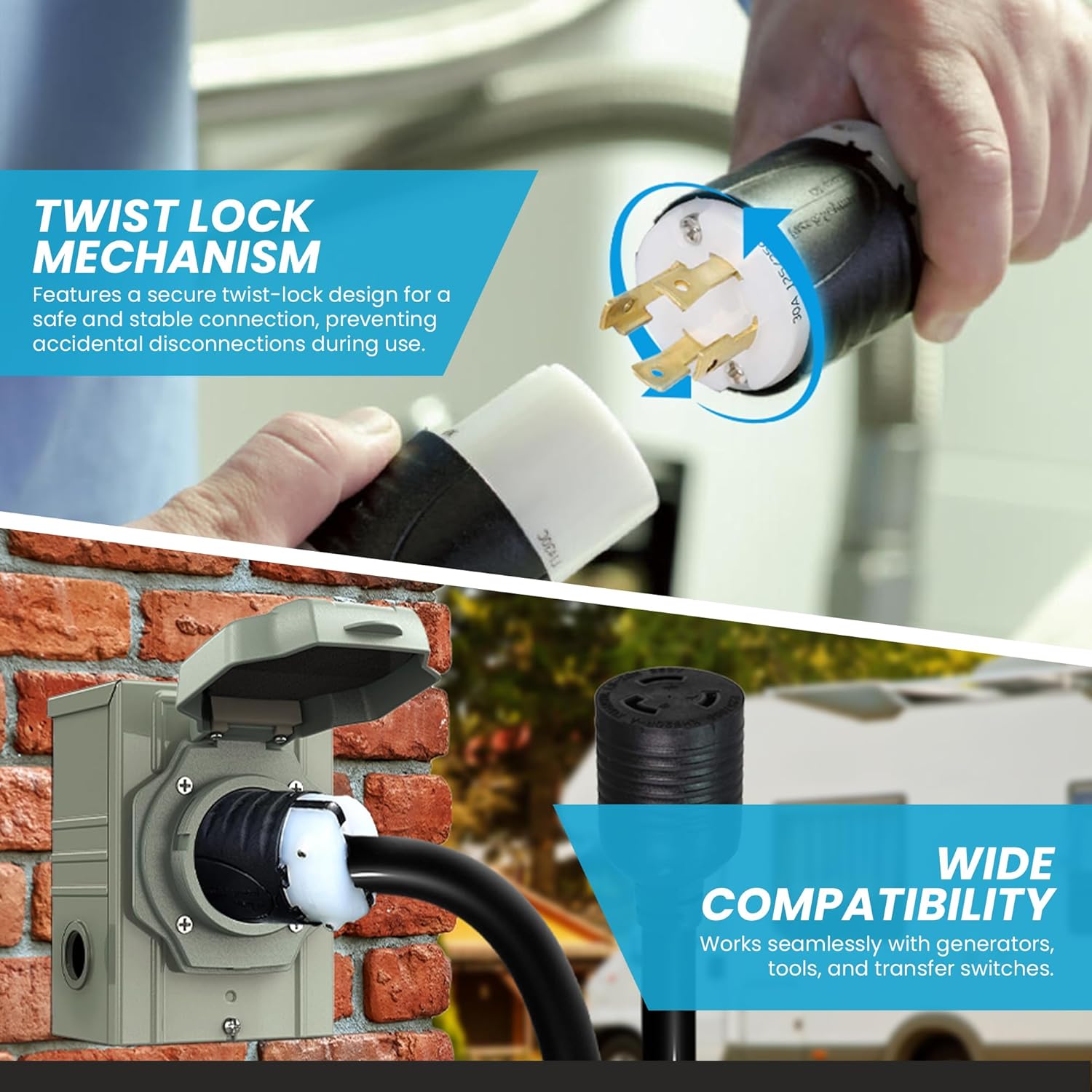 IronBox Electric - NEMA L14-30P to L6-20R Plug Adapter Cord - Rated for 20A, 250V - 12/3 AWG Wire - Power Cable for Generators, RV, Electrical Equipment - Ideal for Indoor/Outdoor Use (1 Foot, Build)