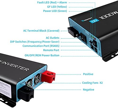 Renogy 1000W Pure Sine Wave Inverter with ECO Mode, 12V DC to AC 120V 110V Converter for Off-Grid Solar System, Home, RV, Solar Power Inverter with Remote Switch, Surge 2000W