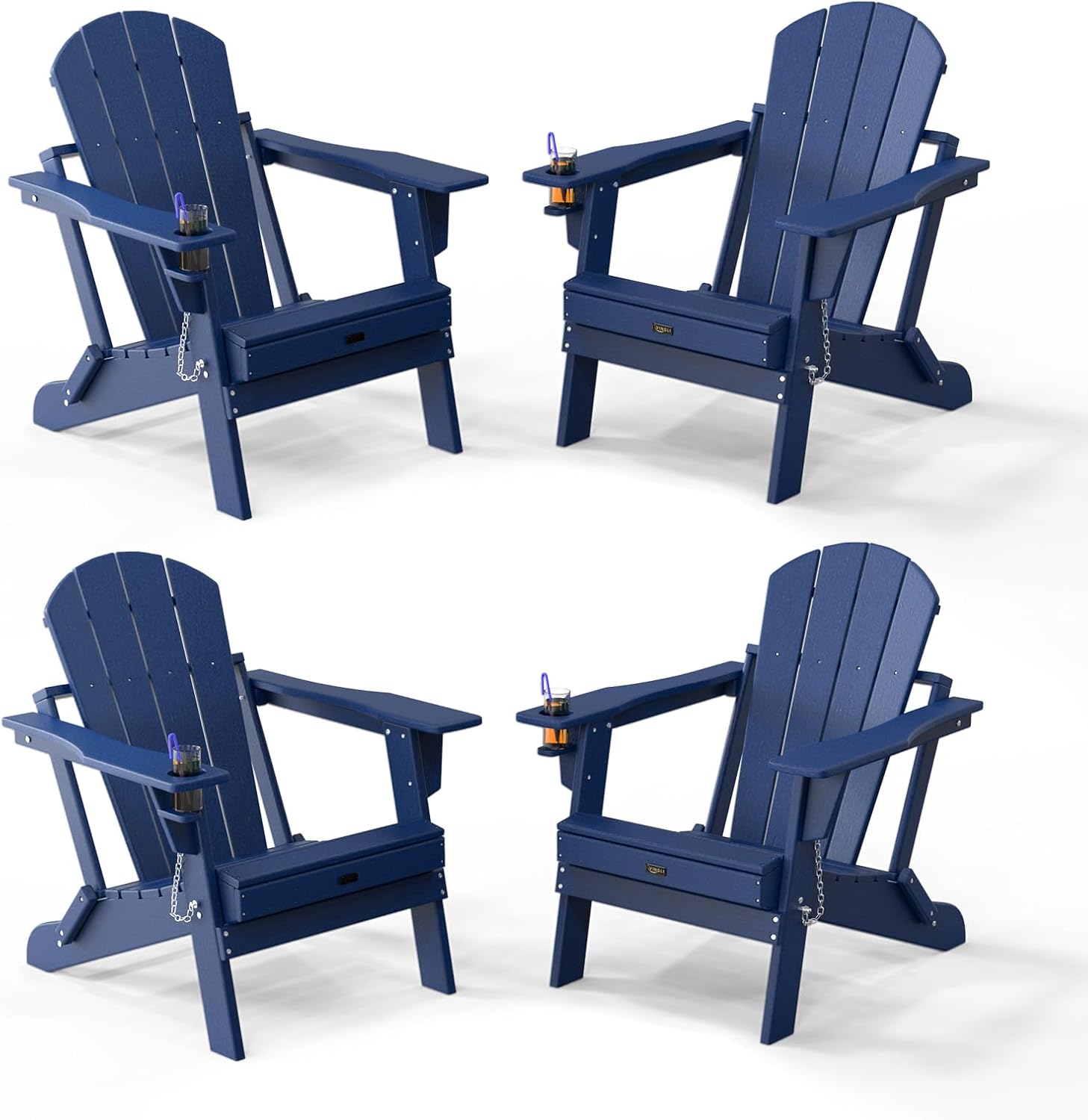VINGLI Plastic Adirondack Chairs Set of 4, Folding with Cup Holder, Waterproof HDPE Material, Comfortable 380lb Weight Capacity for Outdoor Pool Patio Lounge Chair Lawn Furniture Firepit (Navy Blue)