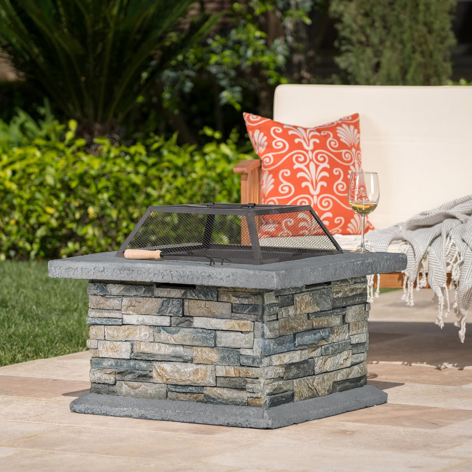 28 Inches Square Fire Pit in Stone Gray – Outdoor Wood Burning Fire Pit with Design, Durable Steel Construction, Patio, Backyard, and Camping (1 Doors)