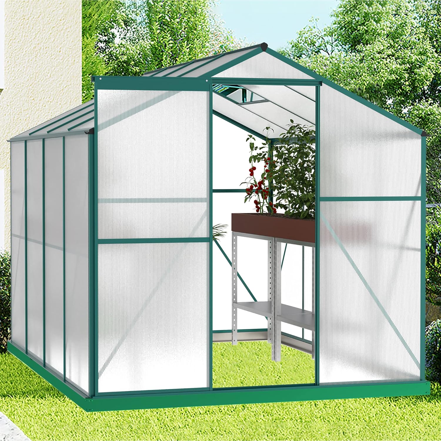 8x6 FT Greenhouses for Outdoors, Outside Heavy Duty Walk in Green House for Garden Plants, UV Protection Adjustable Roof Vent, Thermostatic Waterproof and Insect Resistant, Green