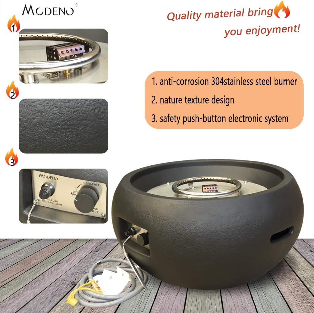 MODENO Outdoor Fire Pit Natural Gas Garden Fire Bowl, 40,000 BTU CSA Certified Firepit，Auto-Ignition System, Lava Rock&PVC Cover Included (27 x 27 x 14'', Black)