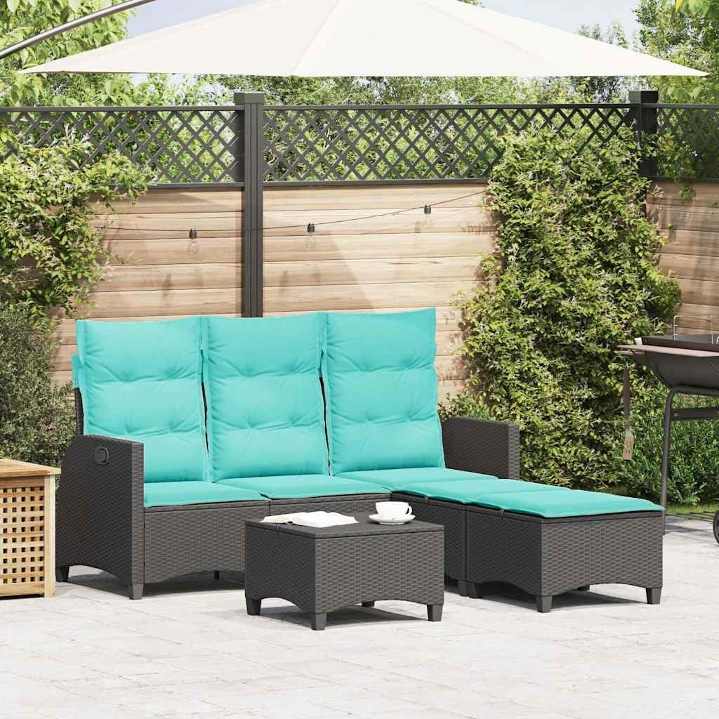 3 Piece Patio Sofa Set with Cushions, L-Shaped Black Poly Rattan Outdoor Furniture, Adjustable Backrest, UV-Proof, for Garden Balcony