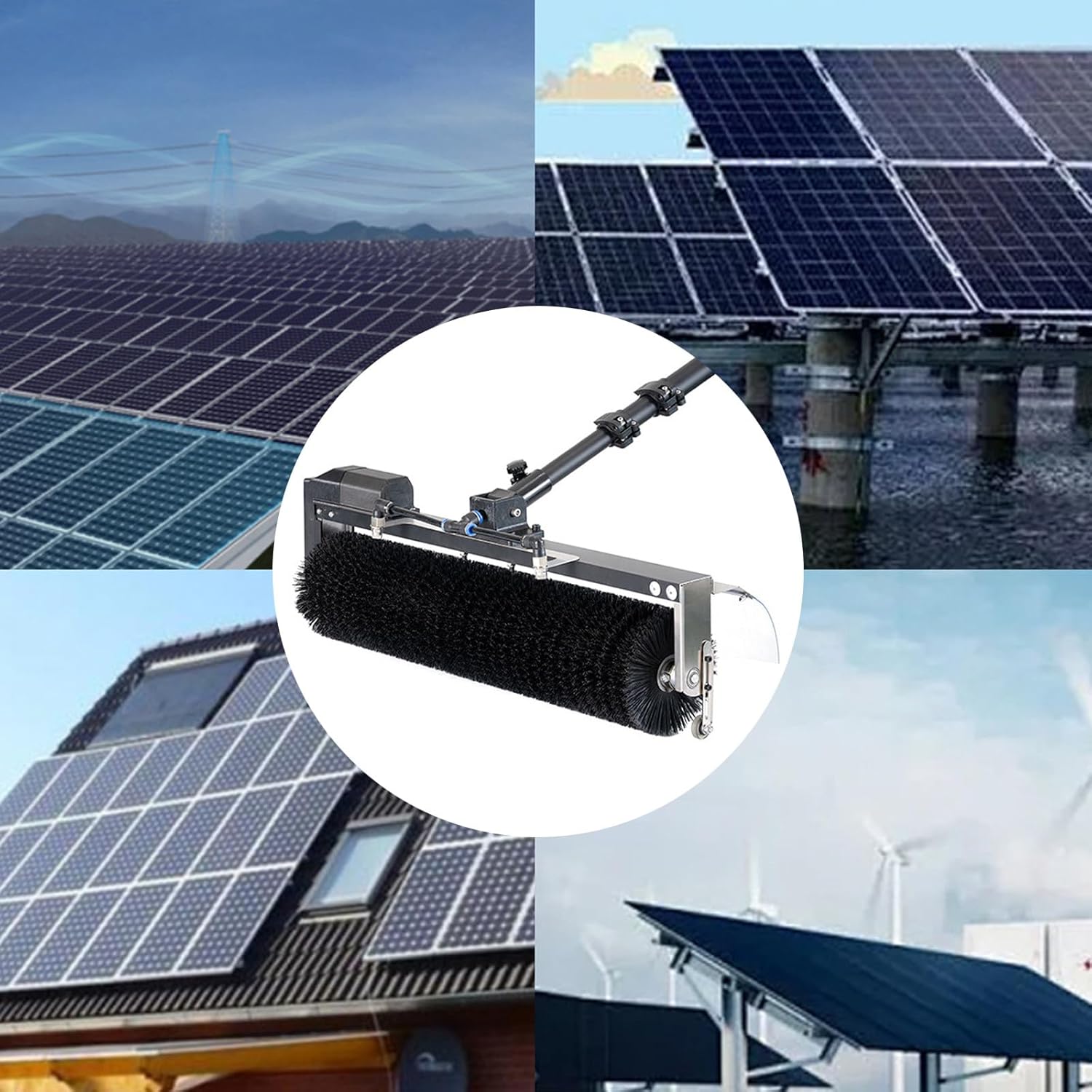 24.6 Ft Photovoltaic Panel Electric Cleaning Brush - 600 mm Cleaning Width,Lightweight Telescopic Aluminum Rod,Automatic Water Supply
