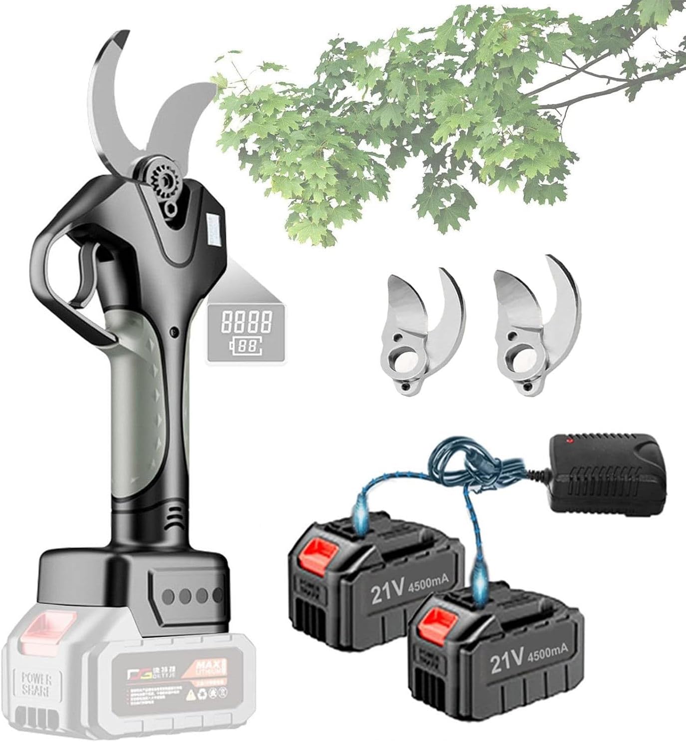 Electric Pruning Shears, 6.89ft Reach Cordless Pruner, with 2.1m Extension Rod, Professional Cordless Pruning Shears with 2 X 1500mah 21V Battery,WithoutExtensionPole