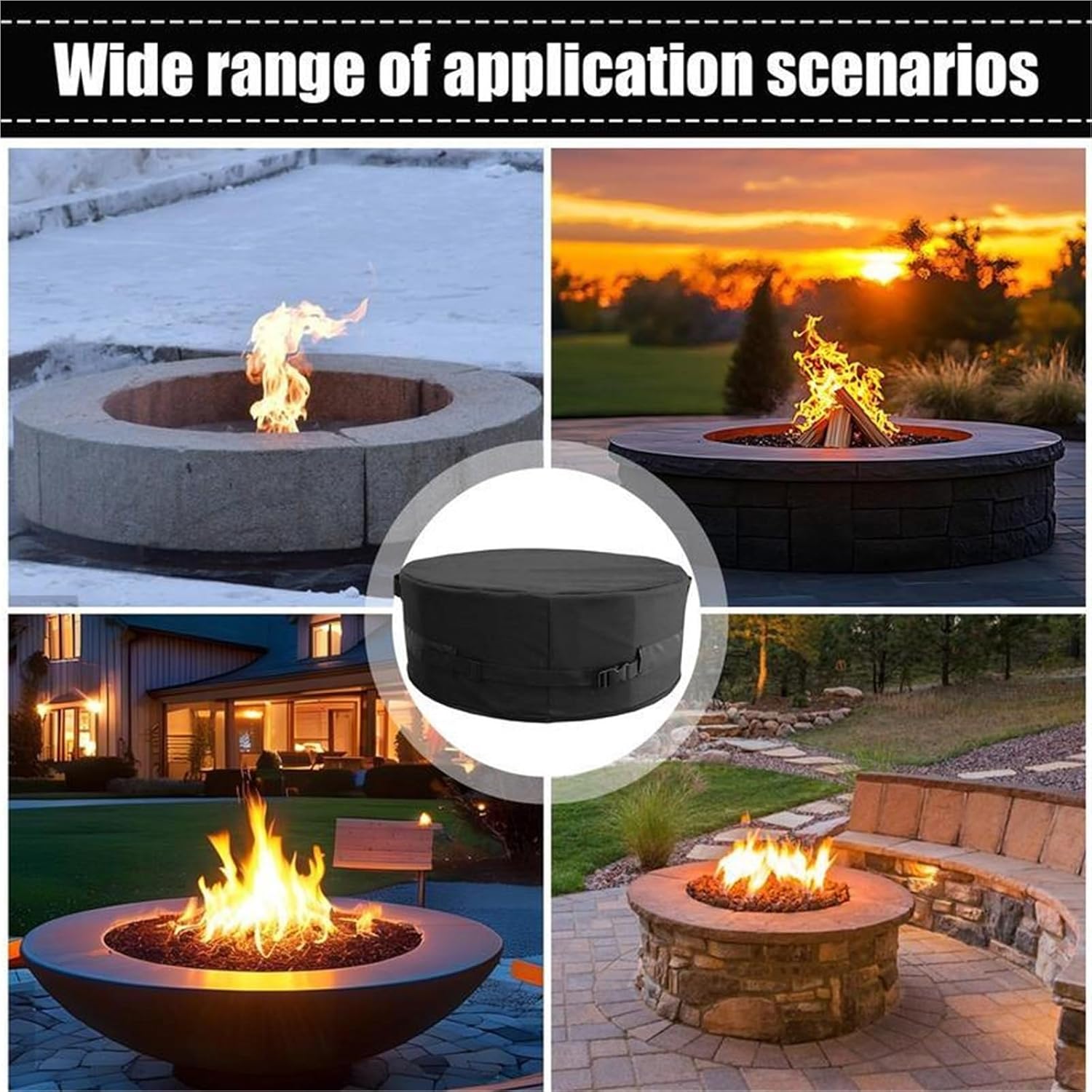 Outdoor Fire Pit Cover Waterproof Patio Fireplace Cover 600D Oxford Cloth Adjustable Buckle Heavy Duty for Patio Fireplaces(51 x 8inch)