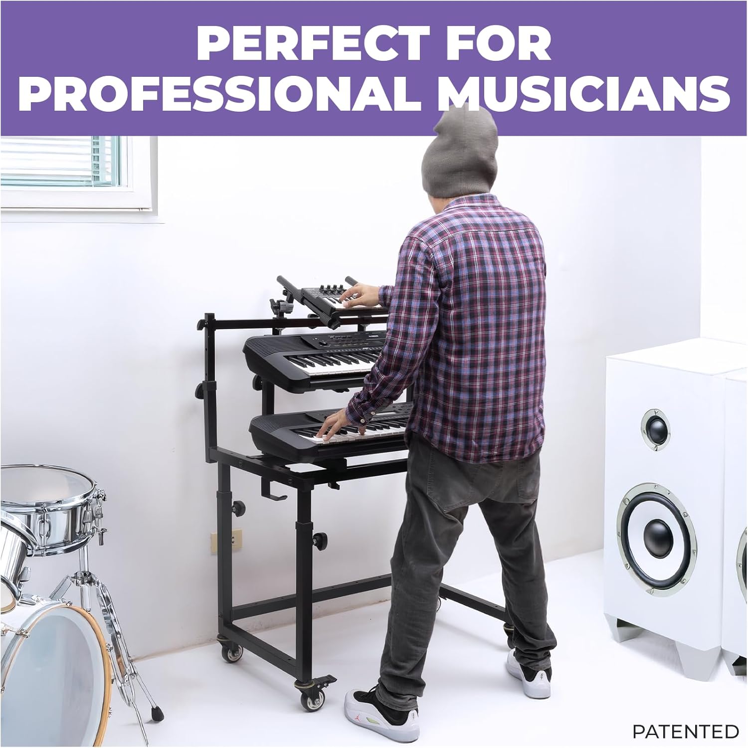 Liquid Stands 3 Tier Keyboard Stand w/ Wheels Music Studio Desk for Music Production - Electric Digital Pianos Synths for 49 54 61 88 Key - Rolling Home Recording Studio Workstation DJ Keyboard Table