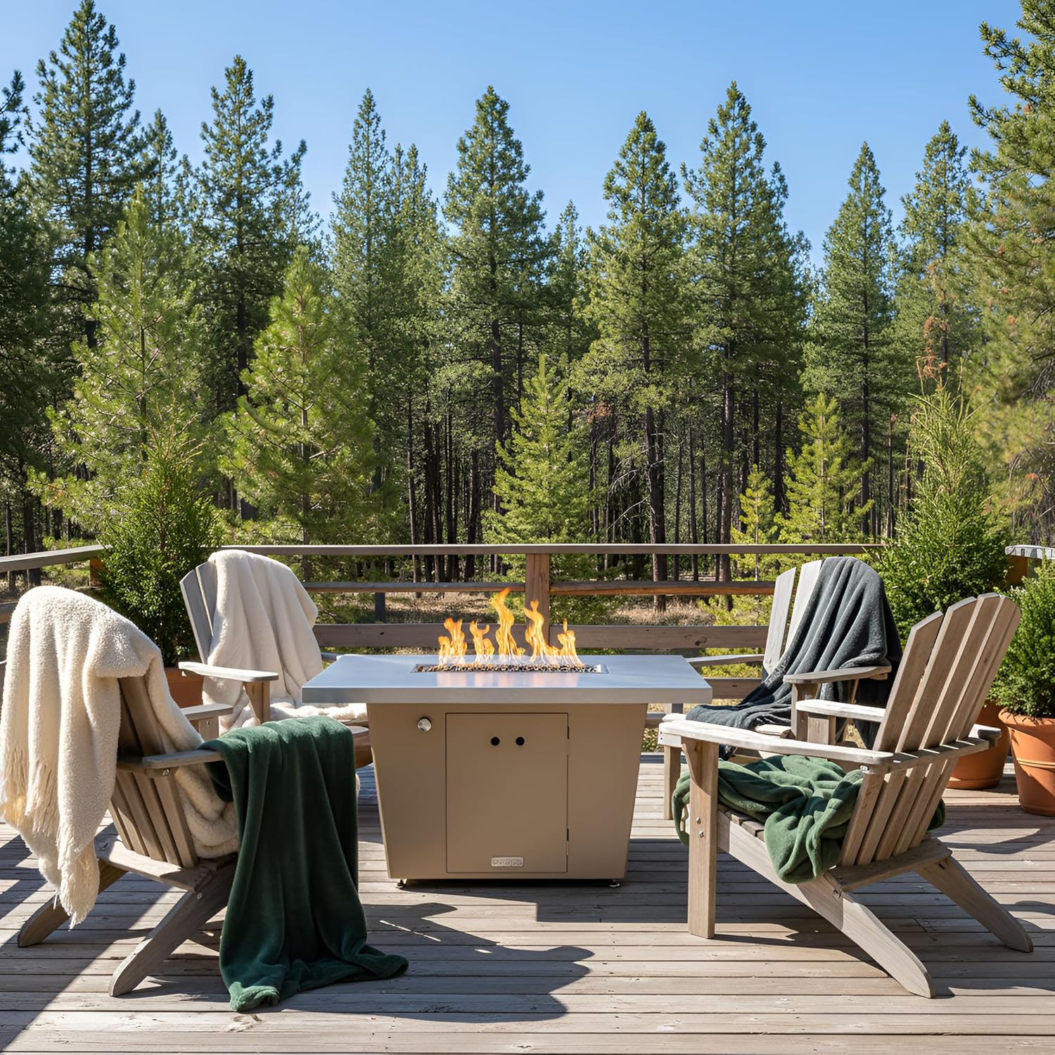 COOKE Palisades Rectangular Fire Pit Table - 44x36 - Chat Height - Natural Gas - Brushed Aluminum Top with 3cm Edge - Beige Powdercoat Base