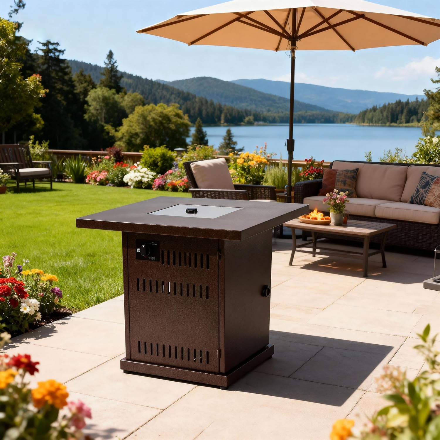 28 Inch Square Propane Fire Pit Table, 50,000 BTU Brown Steel Outdoor Fire Pit for Patio with Lid & Rocks, Portable Gas Fire Pits for Outside Deck, Garden Courtyard Camping Use, Only Table - W429