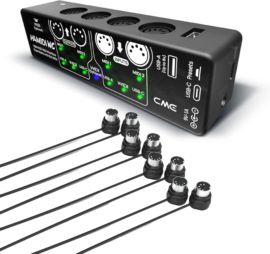 CME H4MIDI WC + 4-Pack 3-FT MIDI Cables - USB Host MIDI Interface with Router, Mapper & Filter + 4-Pack 3-FT 5-pin DIN MIDI Cables for compact spaces