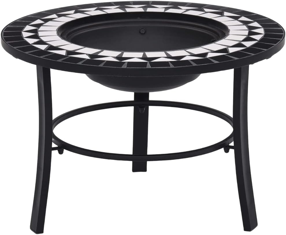 Mosaic Fire Pit Black and White Steel Fire Pit Bowl with Grid and Tabletop for Outdoor Heating and BBQ Use 26.8