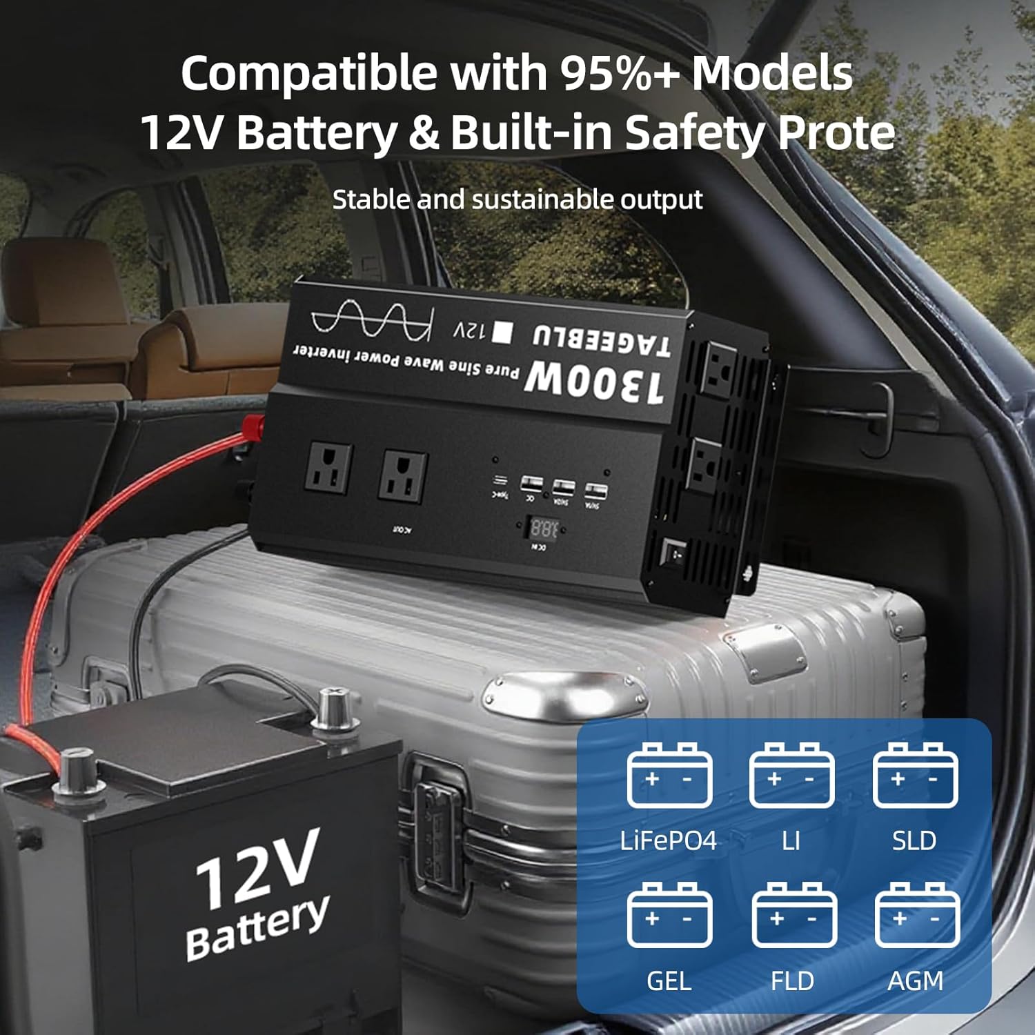 1300W Pure Sine Wave Inverter, 12V DC to 110V/120V AC Power Inverter for RV、Off Grid、Truck with 4 AC outlets and LCD Display