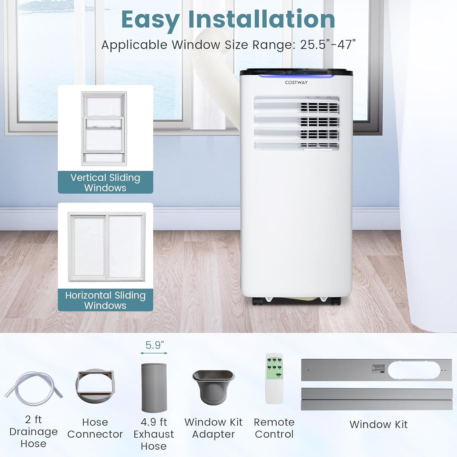 COSTWAY Portable Air Conditioners, 8000 BTU Portable AC Unit for Rooms up to 300 Sq.Ft with Cool, Fan, Dry & Sleep Mode, Timer, Remote Control & Window Vent Kit, 3-in-1 Portable AC for Bedroom, Office
