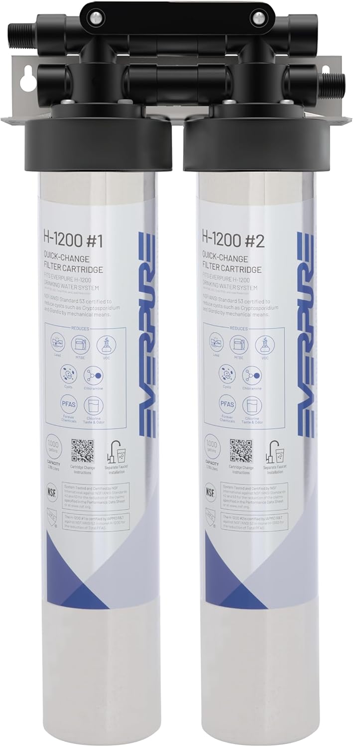 Pentair Everpure H-1200 Drinking Water System, EV928200, NSF Certified to Reduce Lead & PFOA/PFOS, Dual Cartridge System with Filter Head, Cartridges and Hardware, 1,000 Gallon Capacity, 0.5 Micron